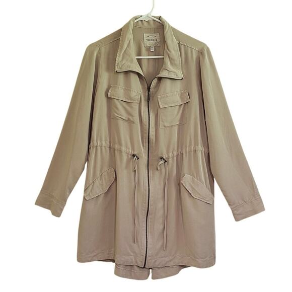 Torrid Anorak Jacket Beige Cinched Tie Waist Thigh Length Sz 00 M/L - Picture 3 of 7